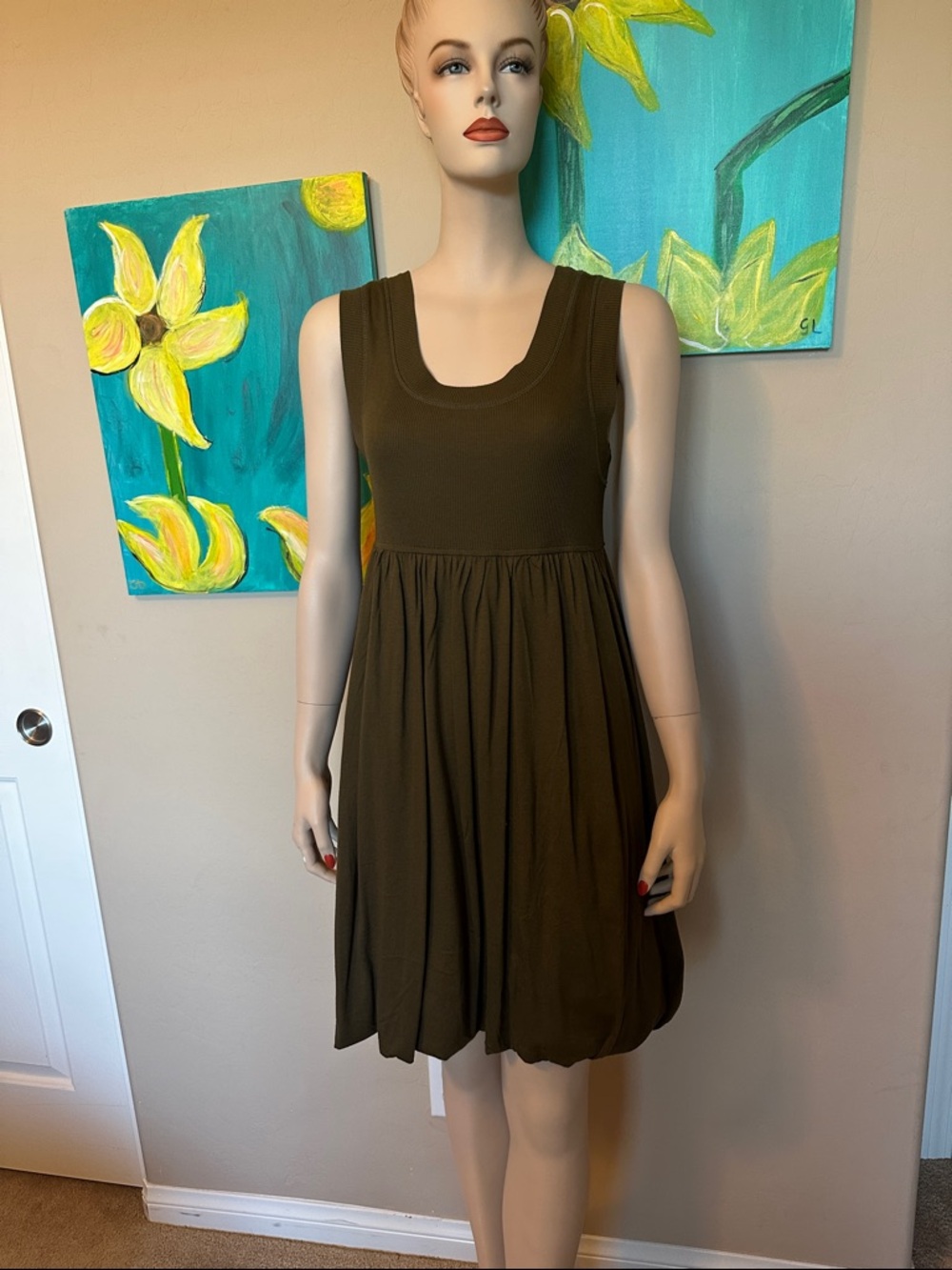 French Connection Olive Green Scoop-Neck bubble hem Dress